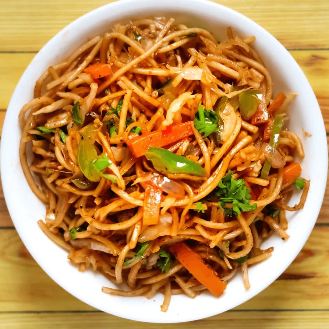 Veg chowmein made with fresh noodles and crunchy vegetables